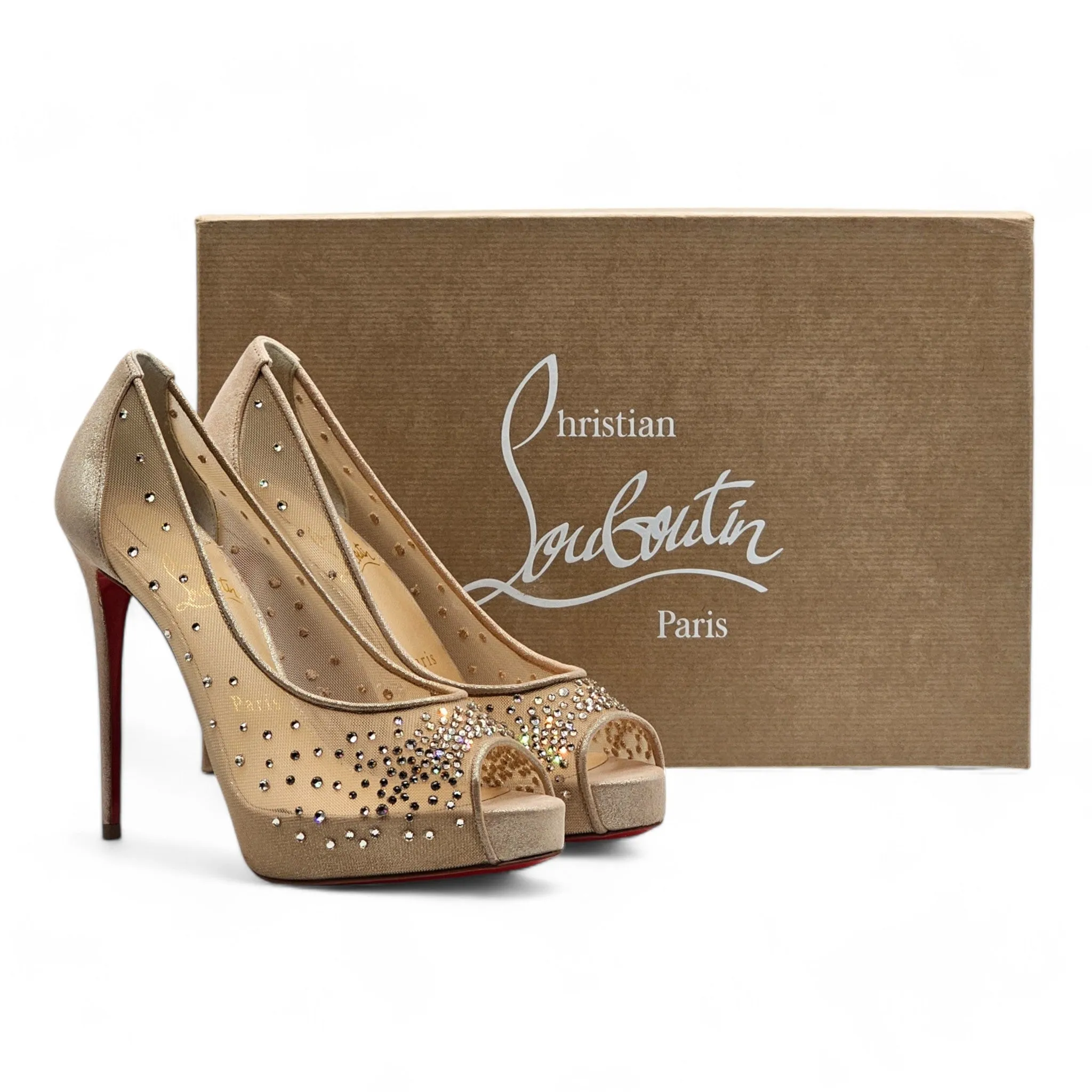 Christian Louboutin Very Strass Peep Pumps 120mm - Net - Nude 41