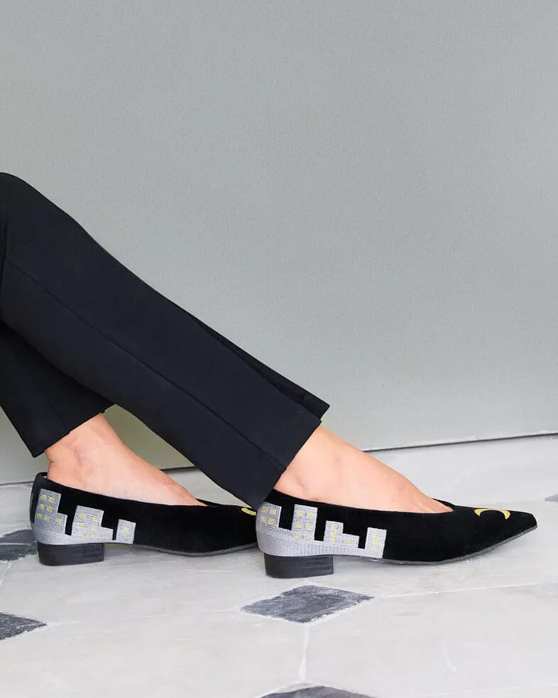 City by Night Vegan Embroidered Eco Suede Ballerinas | Black