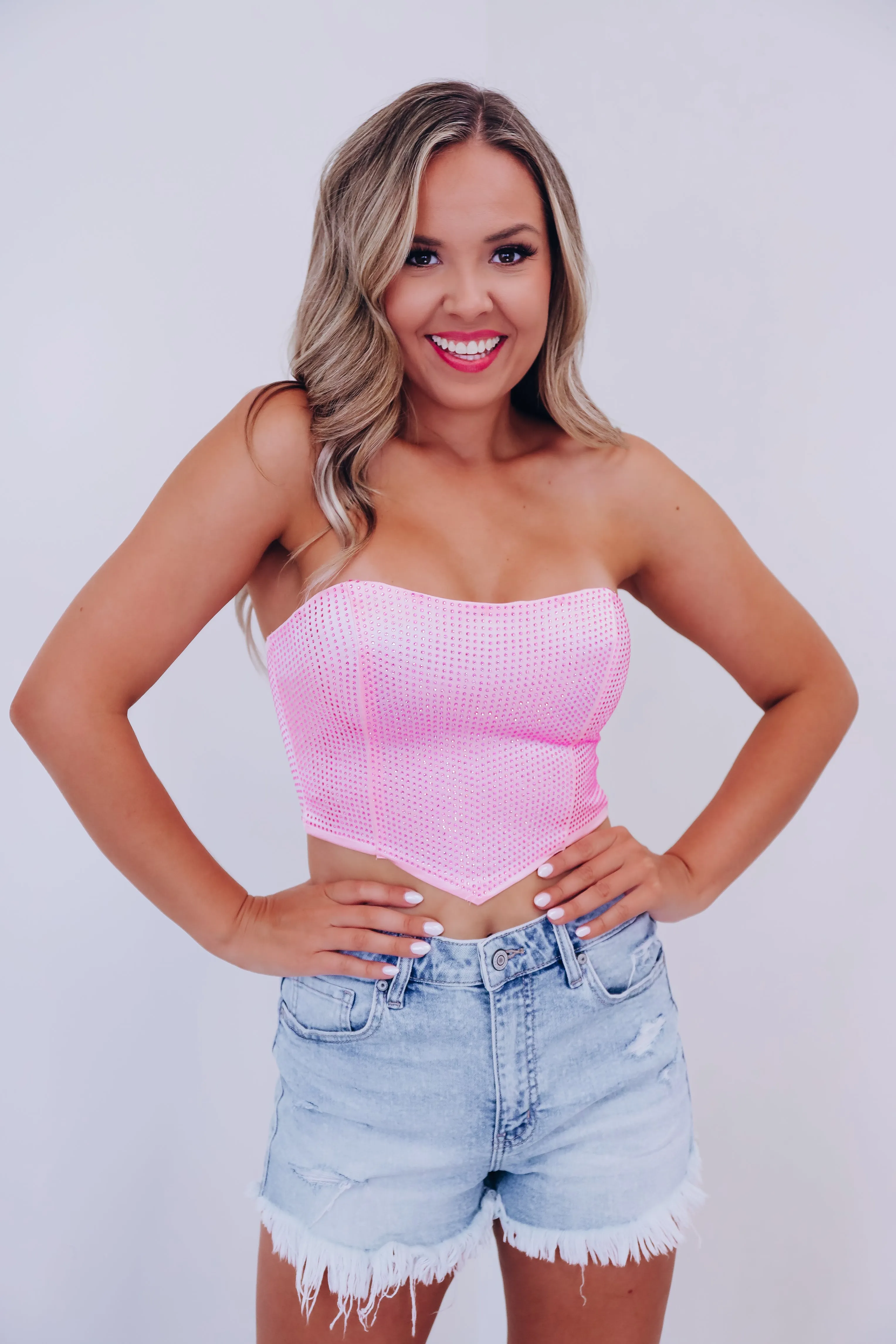 City Girl Rhinestone Bandeau Top - Pink