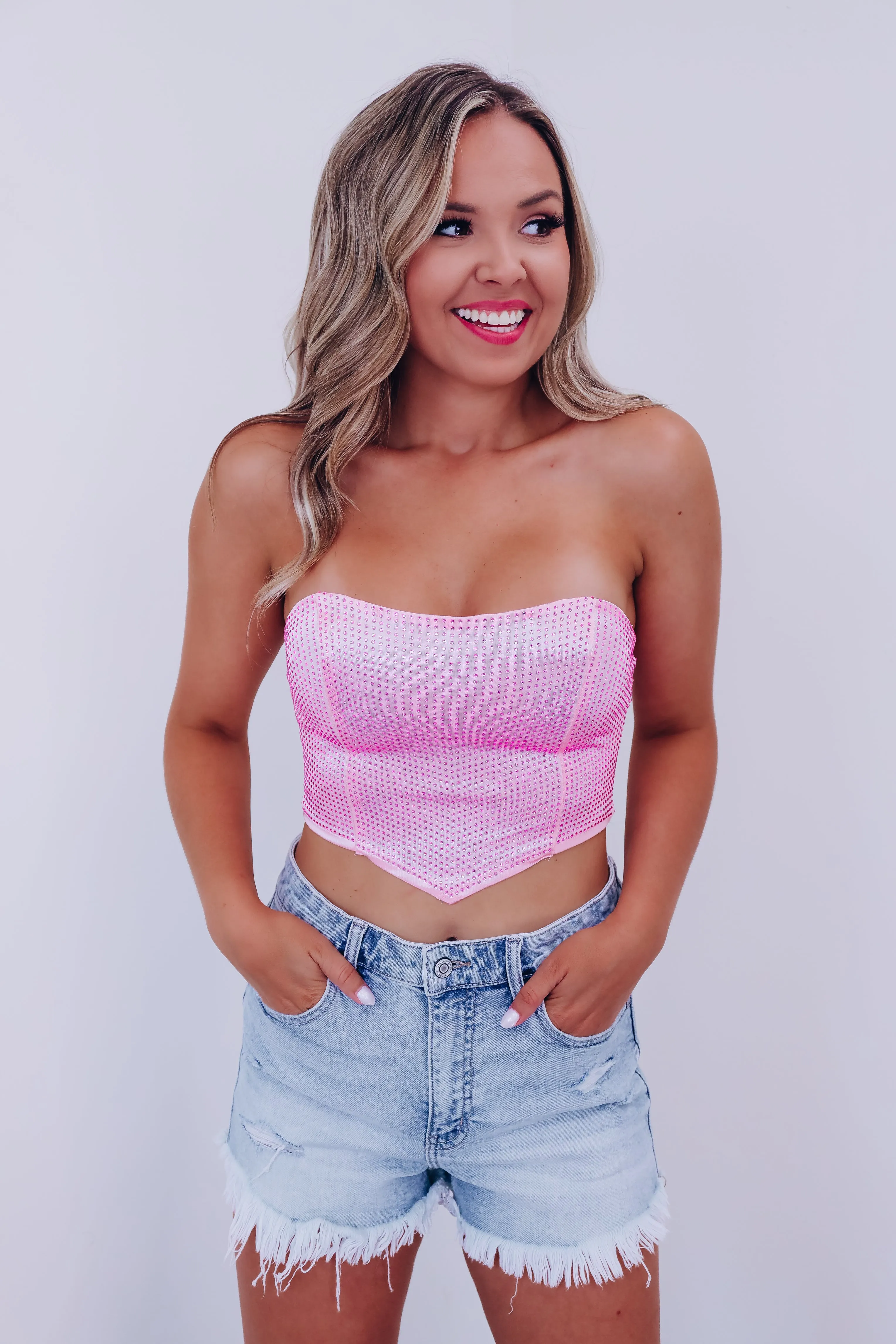 City Girl Rhinestone Bandeau Top - Pink