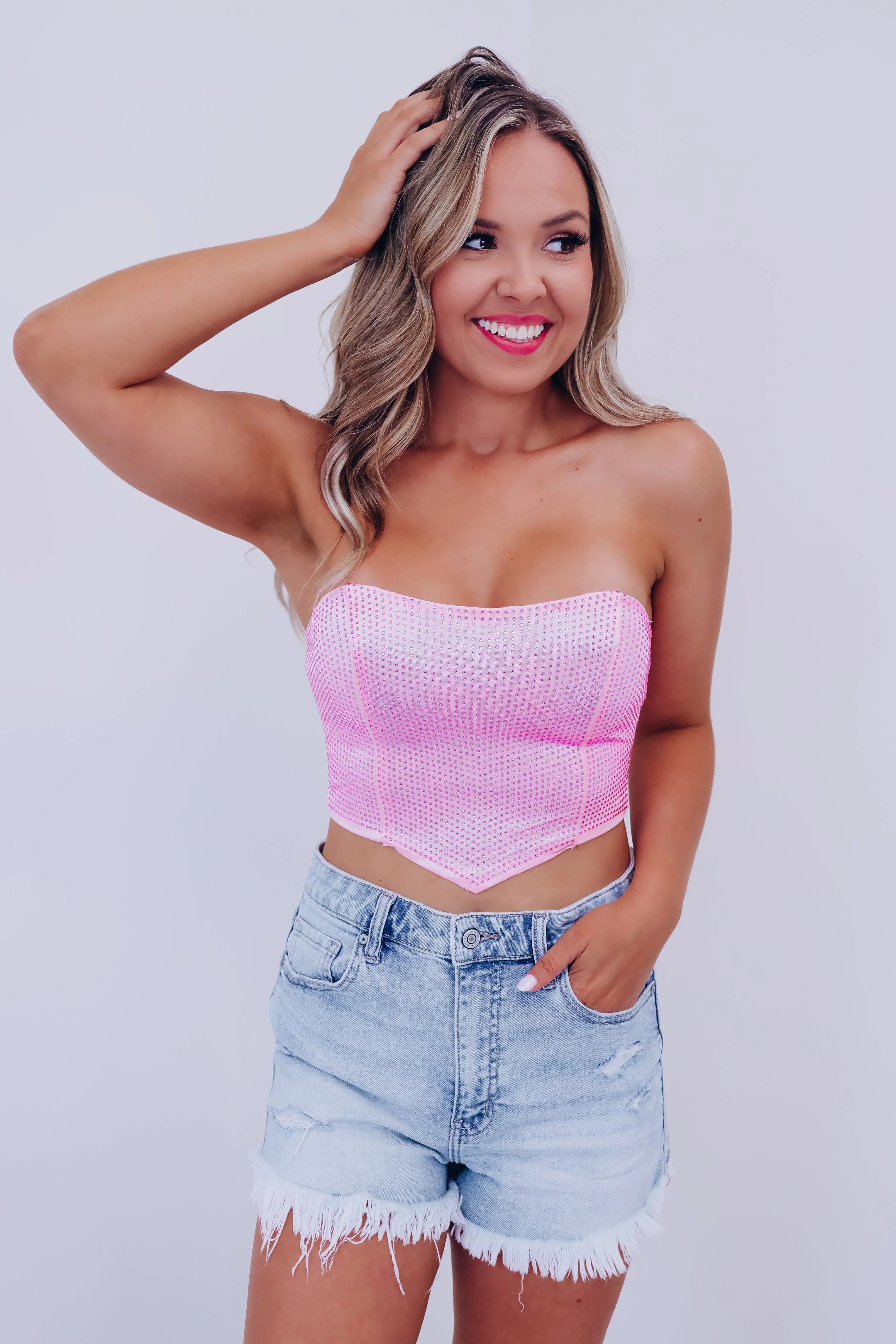 City Girl Rhinestone Bandeau Top - Pink