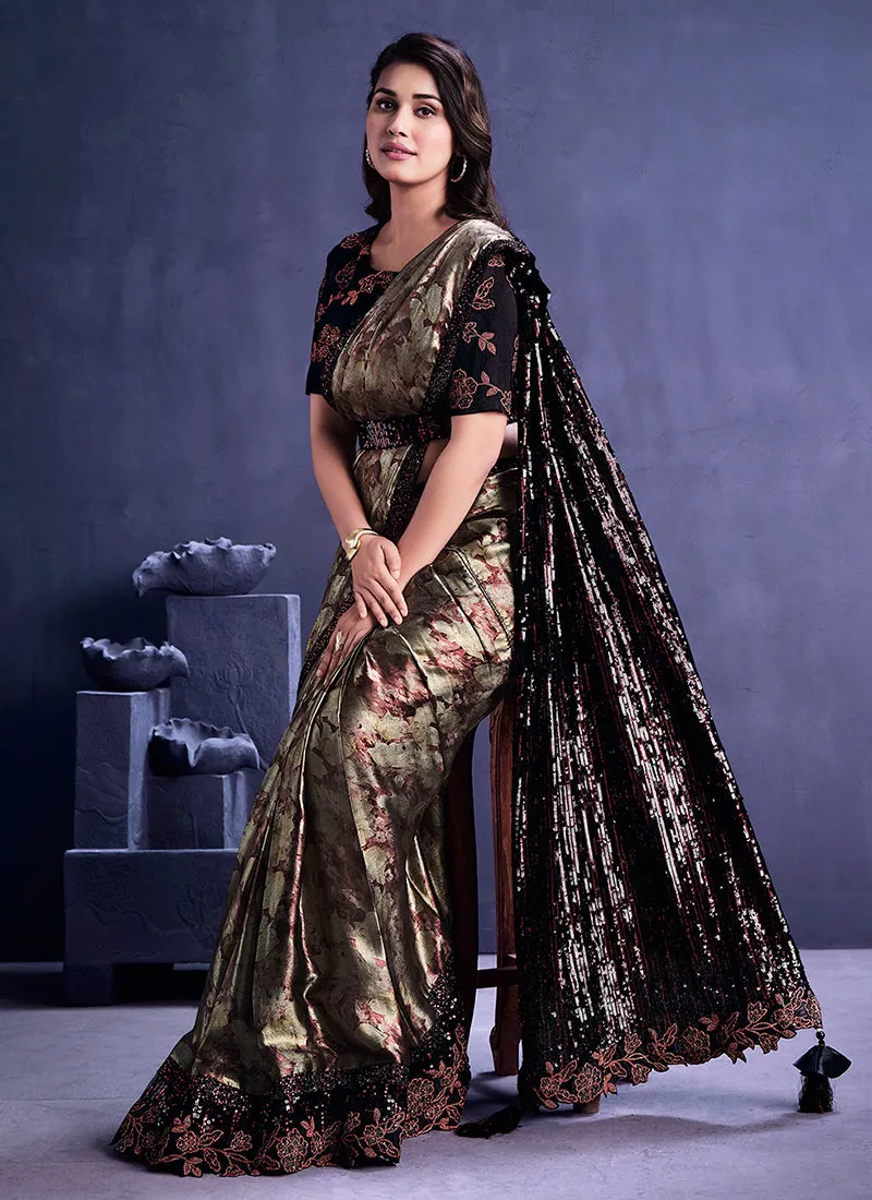 Copper Black Sequence And Floral Embroidery Wedding Saree