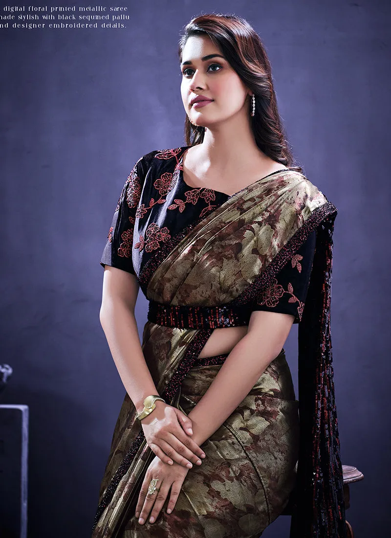 Copper Black Sequence And Floral Embroidery Wedding Saree