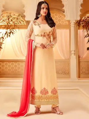 Cream And Pink Designer Embroidered Palazzo Suit