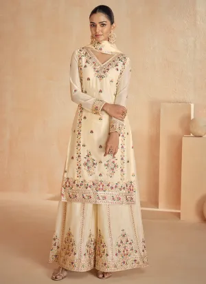 Cream White Multi Embroidery Festive Palazzo Suit