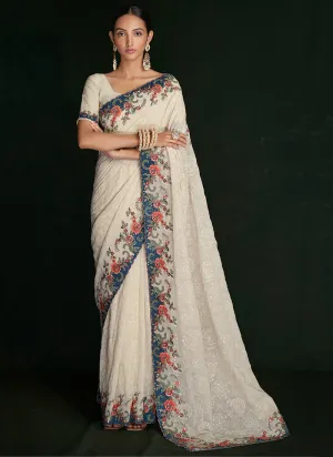 Cream White Multi Embroidery Lucknowi Saree