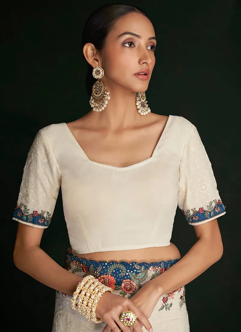 Cream White Multi Embroidery Lucknowi Saree