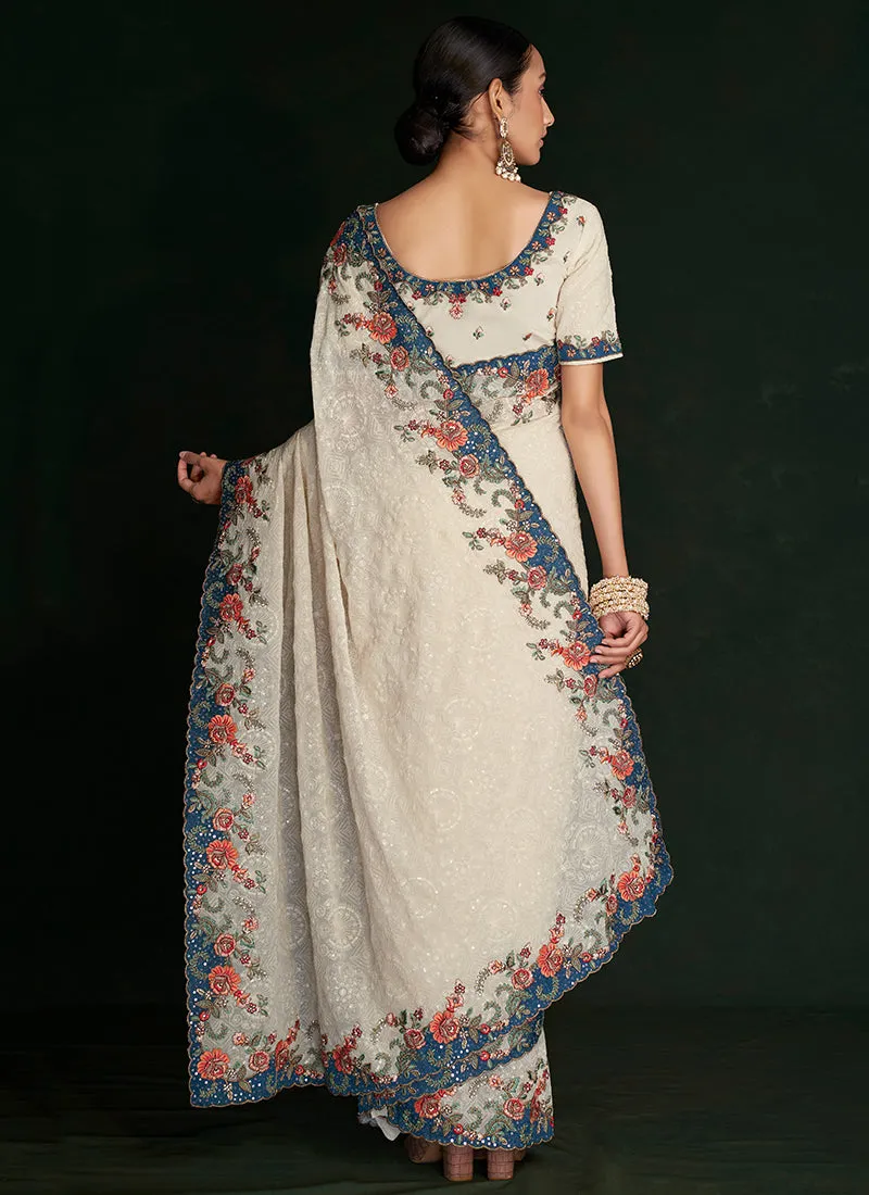 Cream White Multi Embroidery Lucknowi Saree