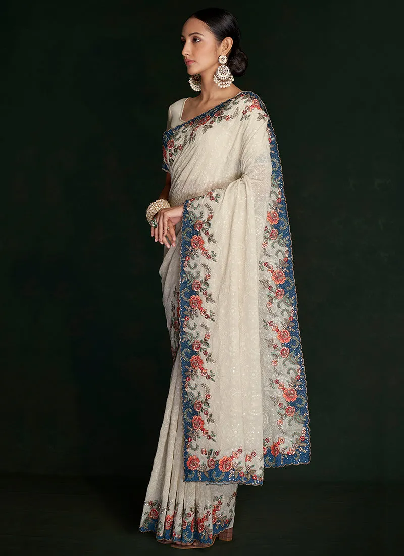 Cream White Multi Embroidery Lucknowi Saree