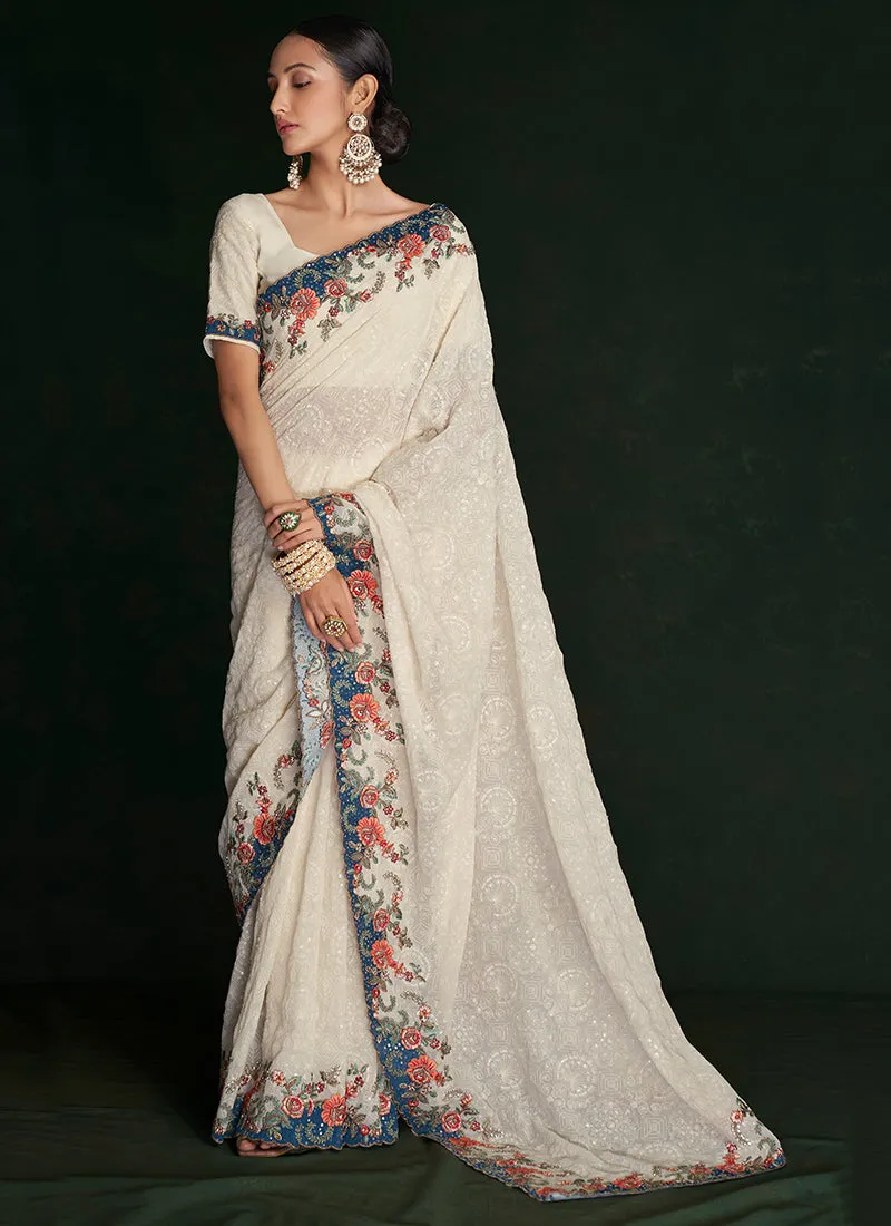 Cream White Multi Embroidery Lucknowi Saree