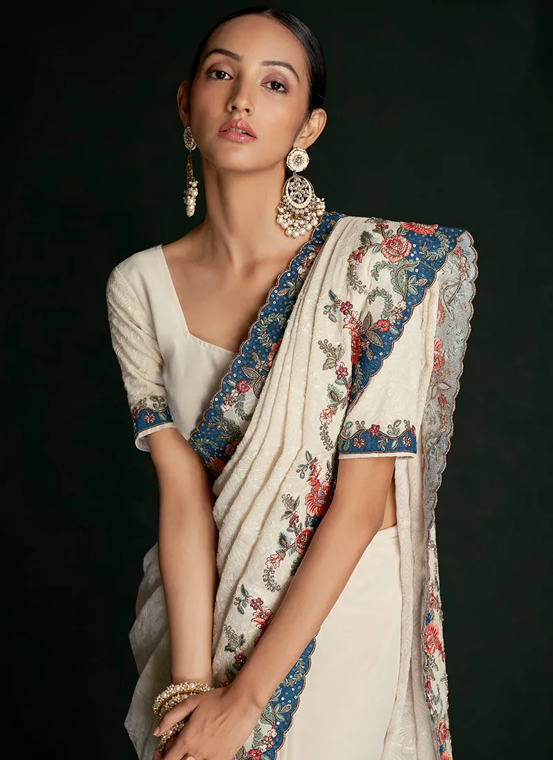 Cream White Multi Embroidery Lucknowi Saree