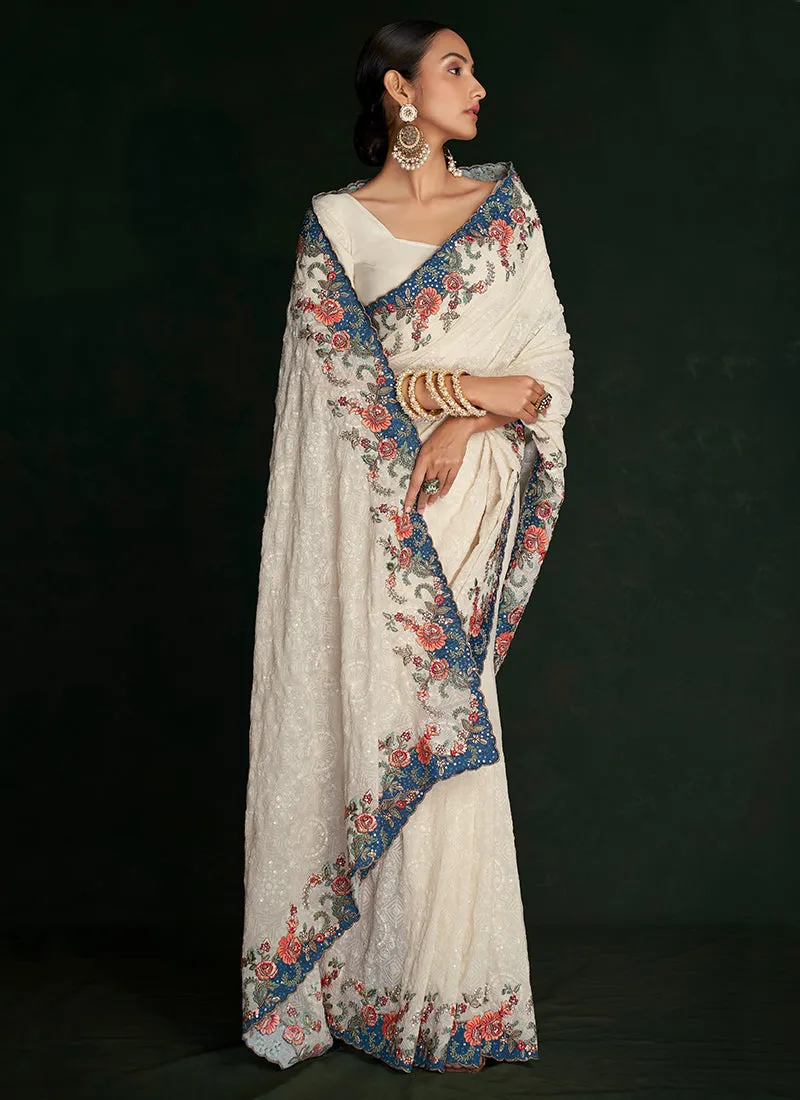 Cream White Multi Embroidery Lucknowi Saree