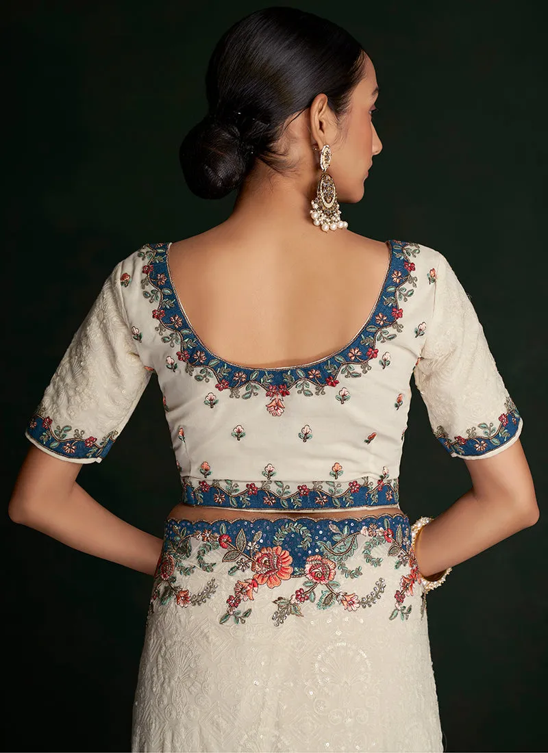 Cream White Multi Embroidery Lucknowi Saree