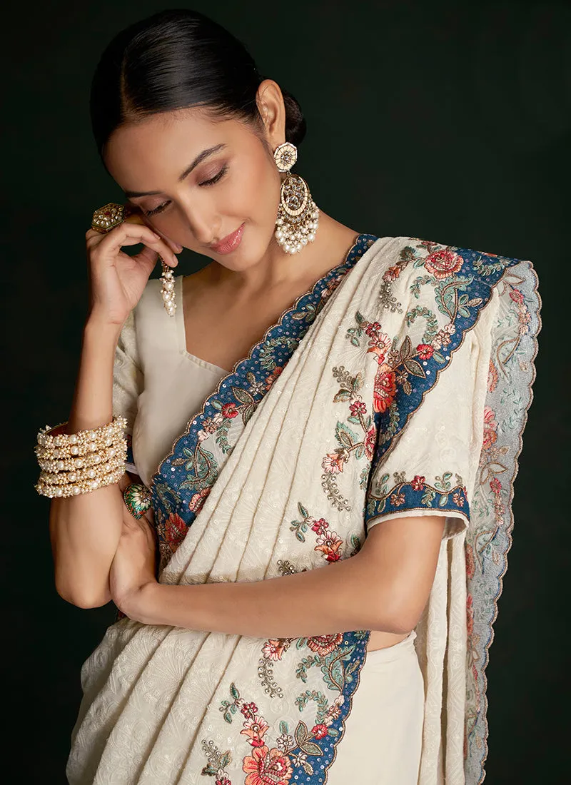 Cream White Multi Embroidery Lucknowi Saree