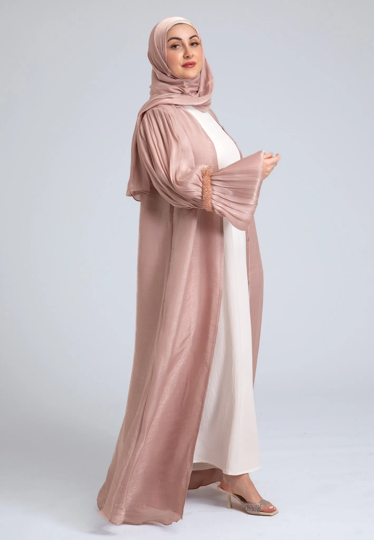 Crushed Pearly Pink Organza Abaya (Premium)