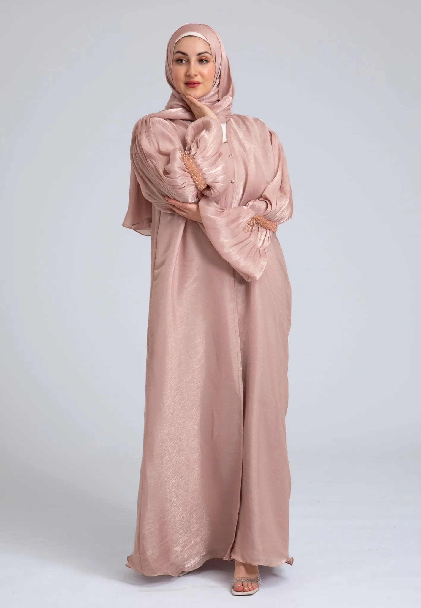 Crushed Pearly Pink Organza Abaya (Premium)