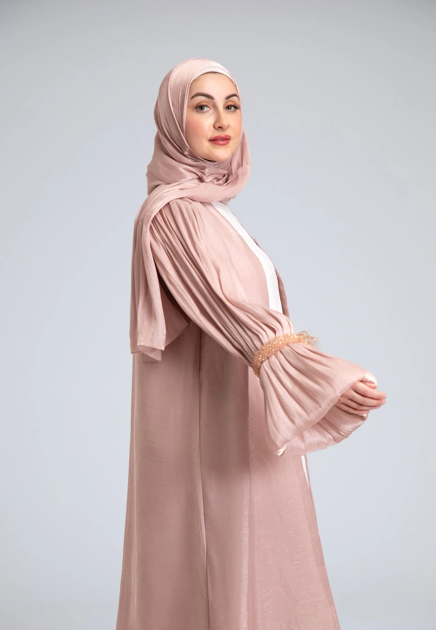 Crushed Pearly Pink Organza Abaya (Premium)