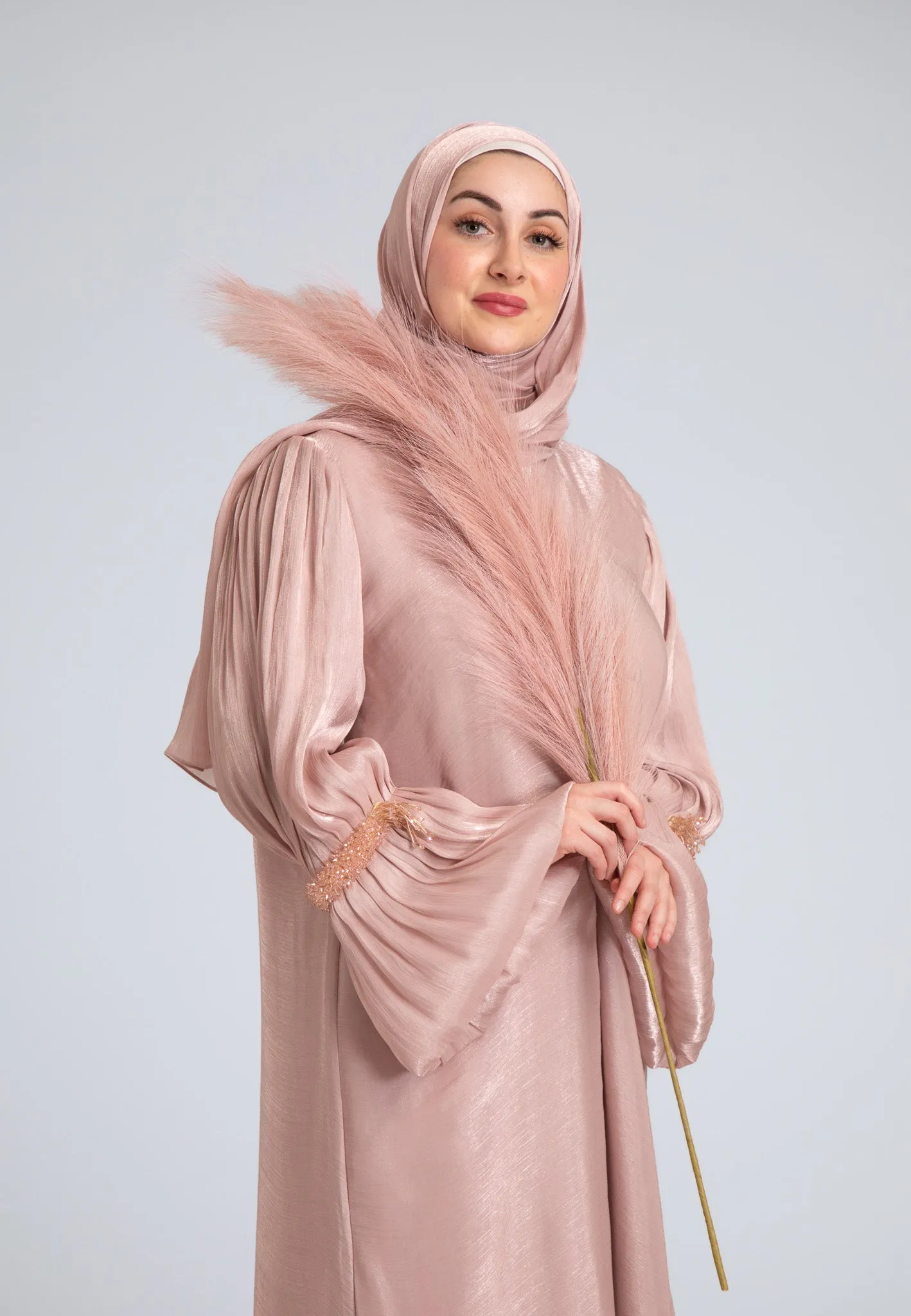 Crushed Pearly Pink Organza Abaya (Premium)