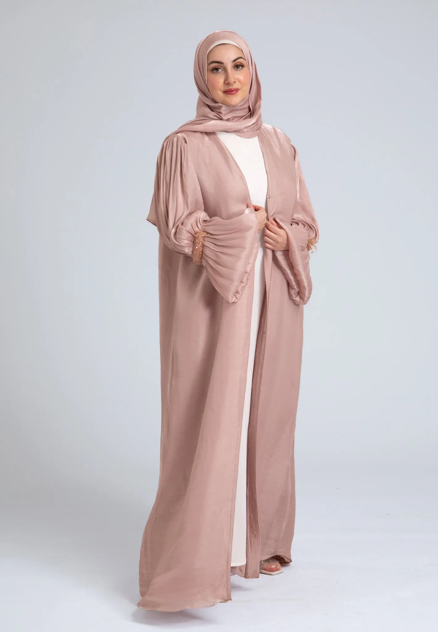 Crushed Pearly Pink Organza Abaya (Premium)
