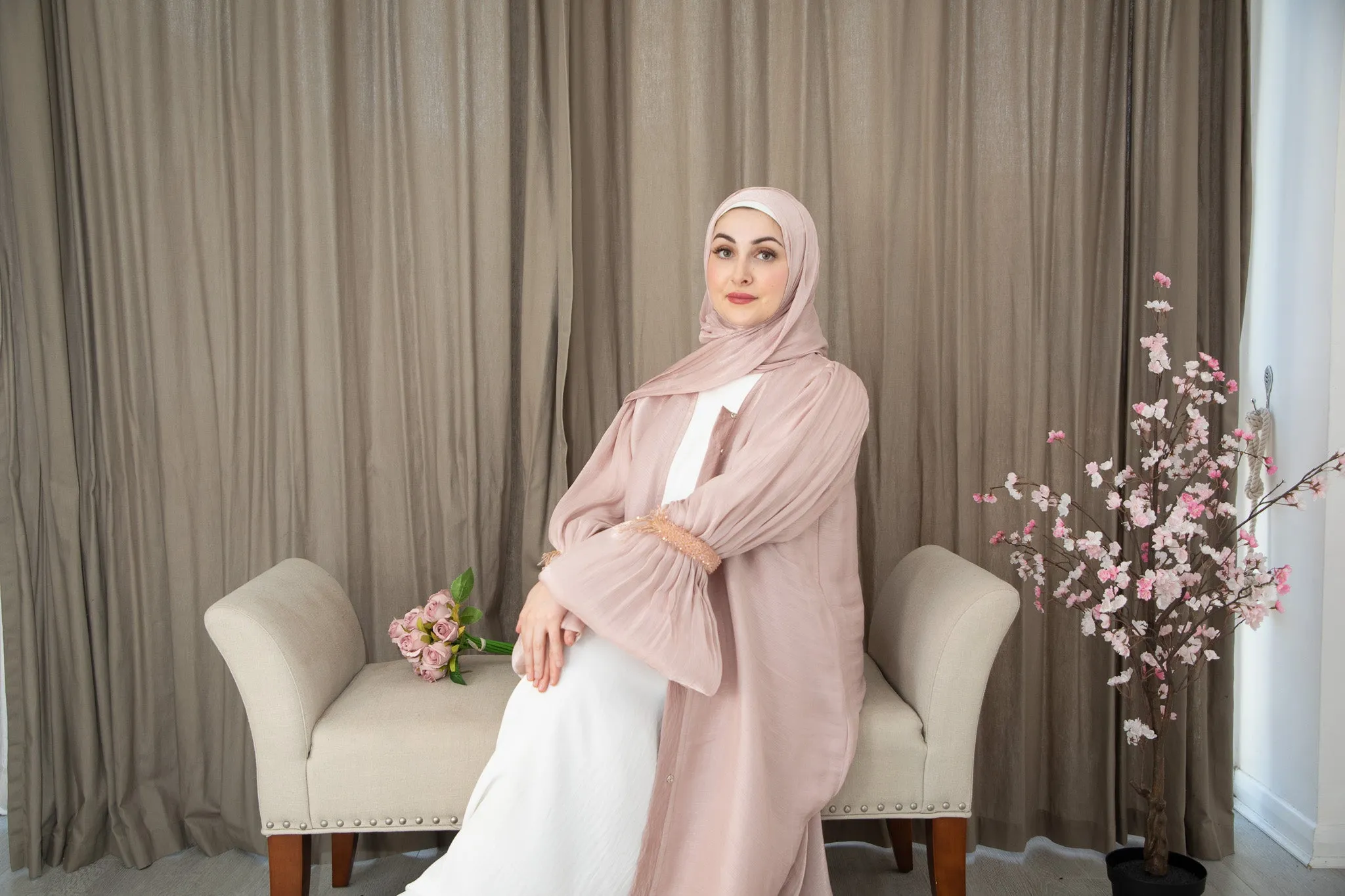 Crushed Pearly Pink Organza Abaya (Premium)