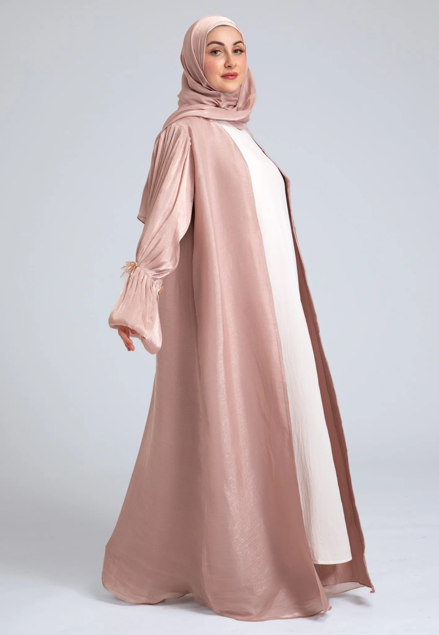 Crushed Pearly Pink Organza Abaya (Premium)