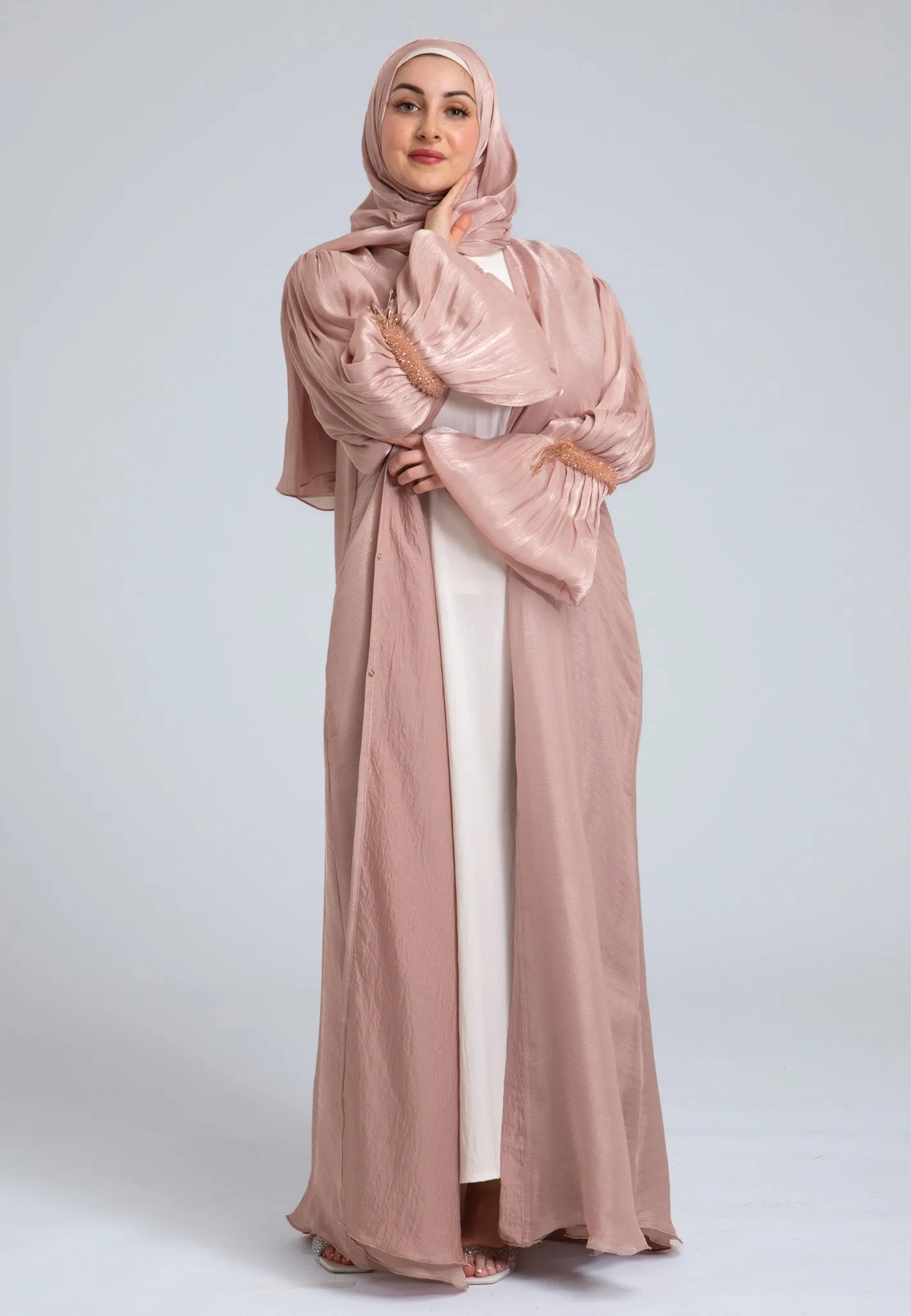 Crushed Pearly Pink Organza Abaya (Premium)
