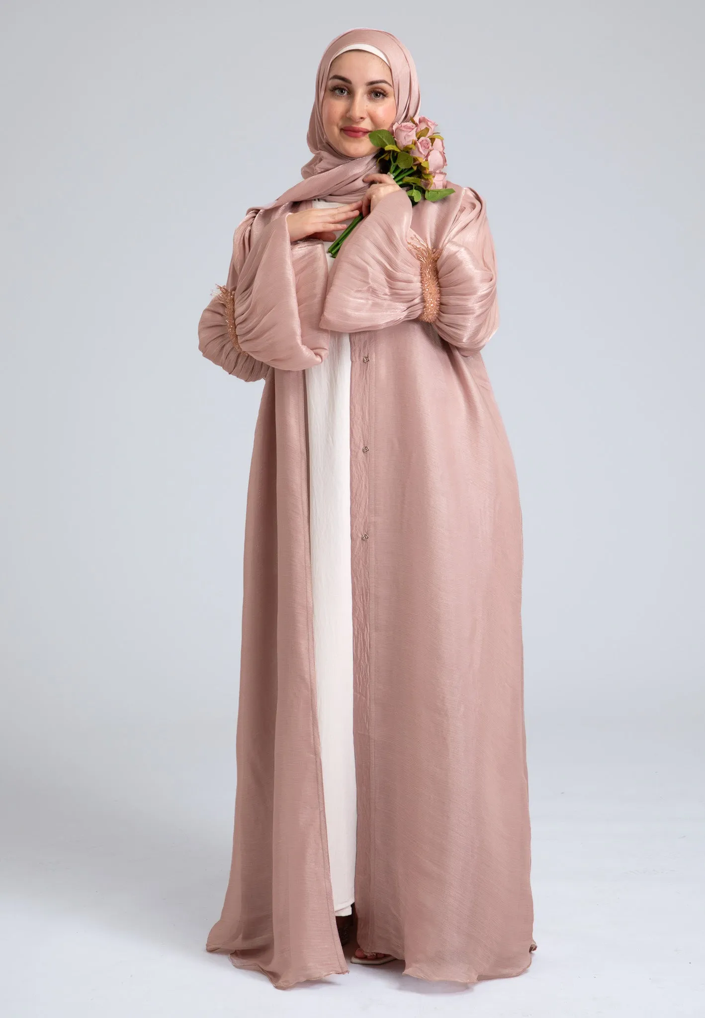 Crushed Pearly Pink Organza Abaya (Premium)