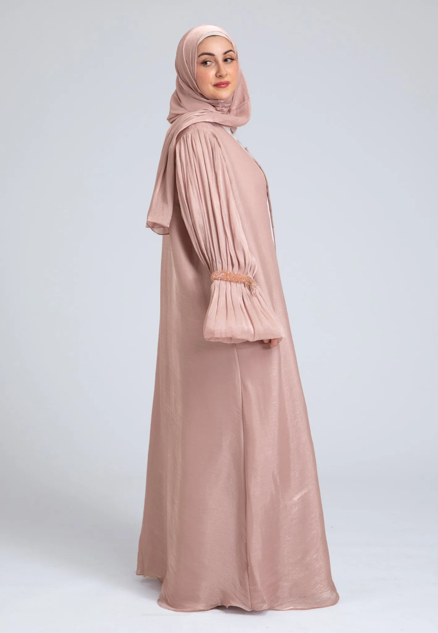 Crushed Pearly Pink Organza Abaya (Premium)