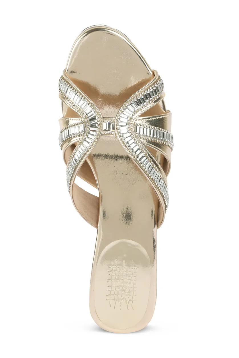 Crystal  Baguette Low Wedge Light Gold