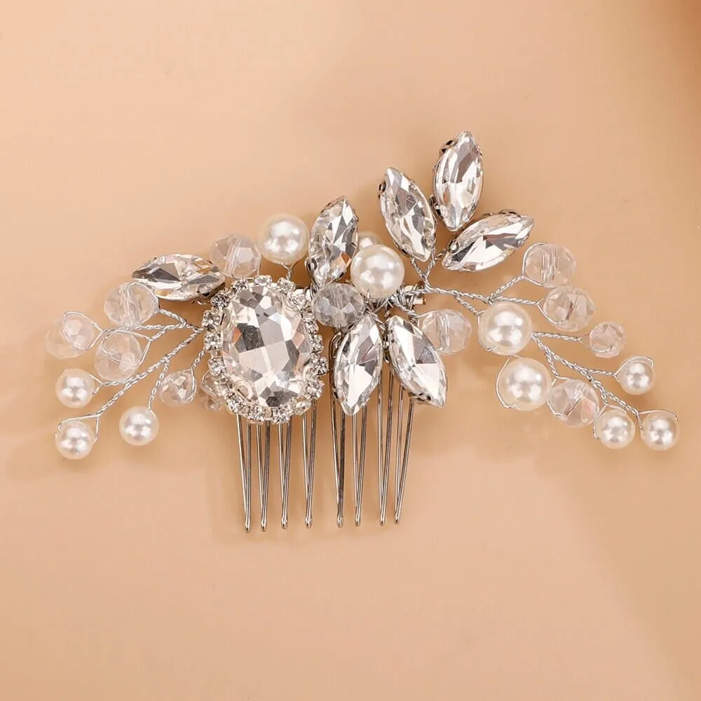 Crystal Bridal Hair Comb with Pearls and Rhinestones, Wedding Hair Pin Headpiece in Silver
