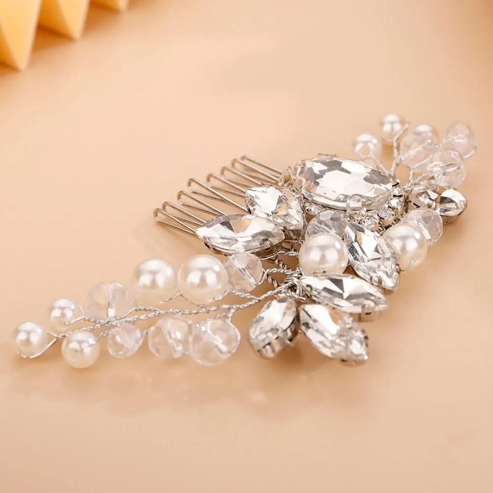Crystal Bridal Hair Comb with Pearls and Rhinestones, Wedding Hair Pin Headpiece in Silver