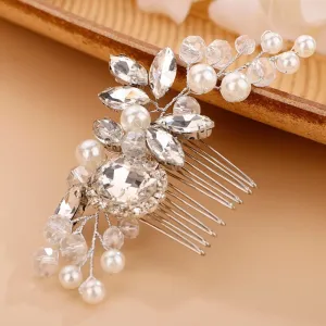 Crystal Bridal Hair Comb with Pearls and Rhinestones, Wedding Hair Pin Headpiece in Silver