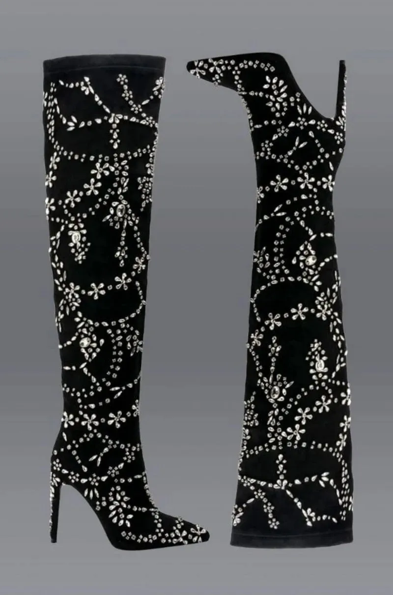Crystal Embellished Black Stiletto High Heels Over knee Elasticity Boots Women Shoes