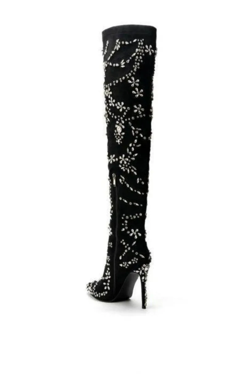 Crystal Embellished Black Stiletto High Heels Over knee Elasticity Boots Women Shoes