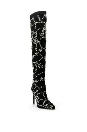 Crystal Embellished Black Stiletto High Heels Over knee Elasticity Boots Women Shoes