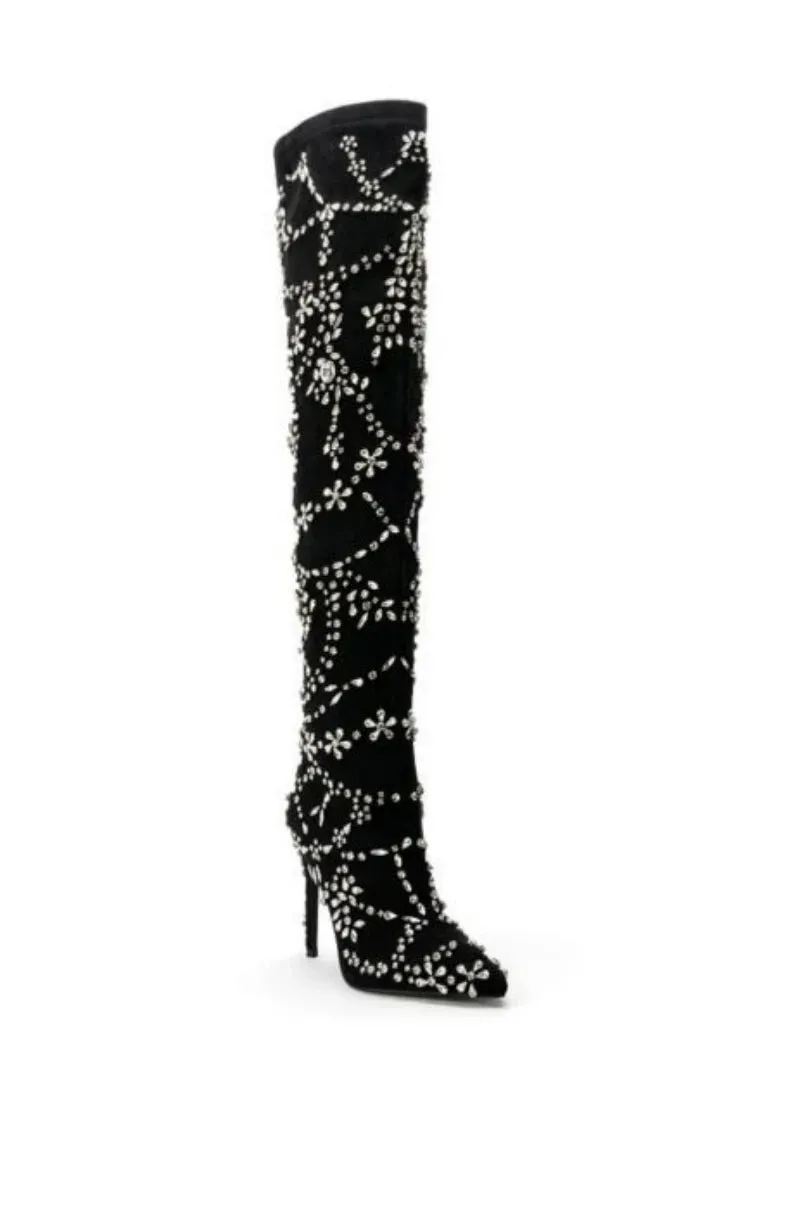 Crystal Embellished Black Stiletto High Heels Over knee Elasticity Boots Women Shoes