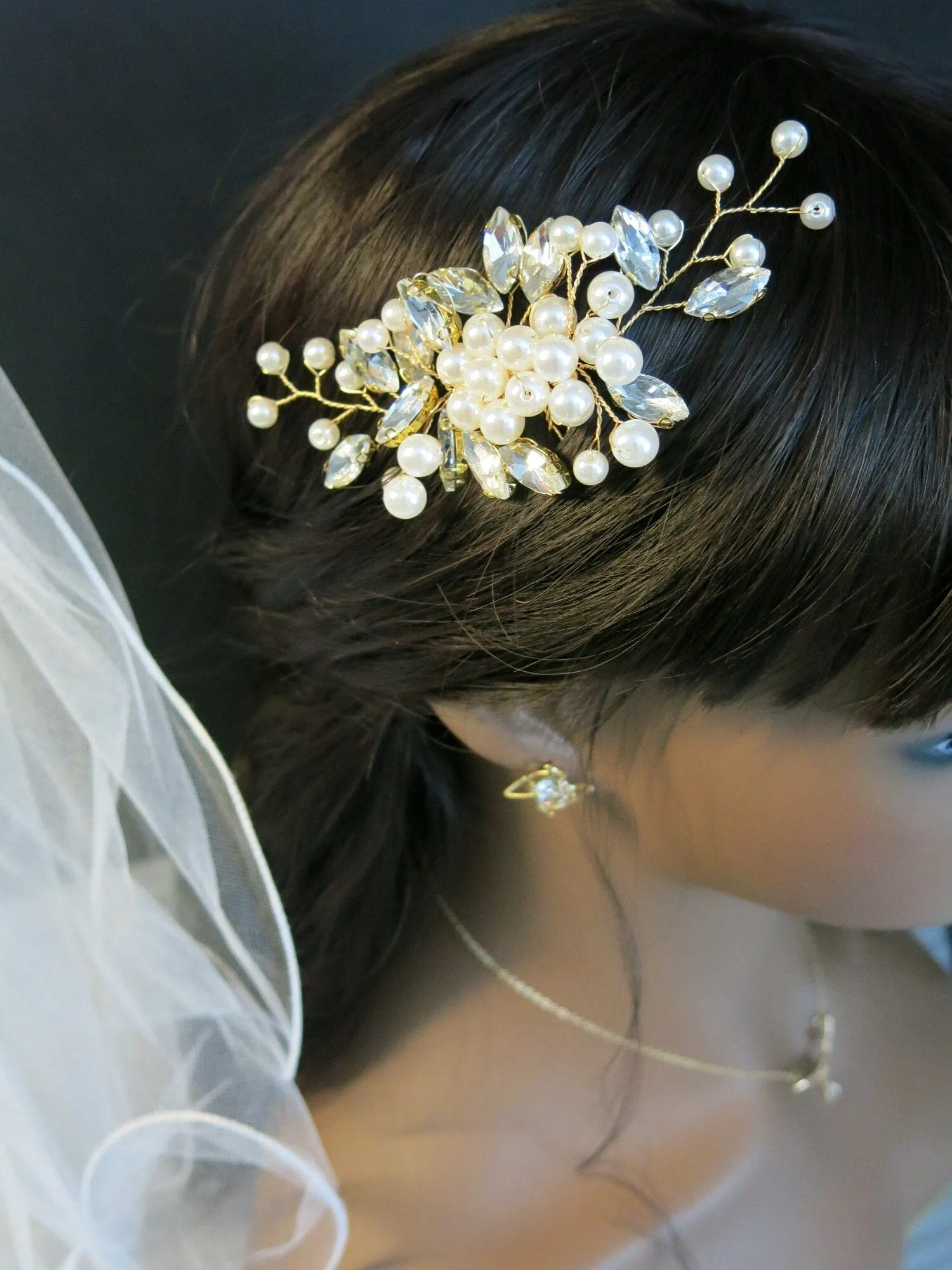 Crystal Leaf Bridal Pearl Hair Comb, Wedding Rhinestone Leaf Hairpin, Bridal Pearl Decorative Prom Hair Comb