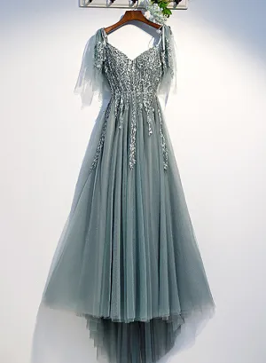 Custom Beautiful Tulle Lace Beaded Tea Length Straps A-line Prom Dress, New Style Junior Party Dresses