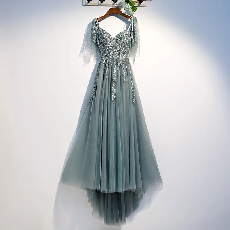Custom Beautiful Tulle Lace Beaded Tea Length Straps A-line Prom Dress, New Style Junior Party Dresses