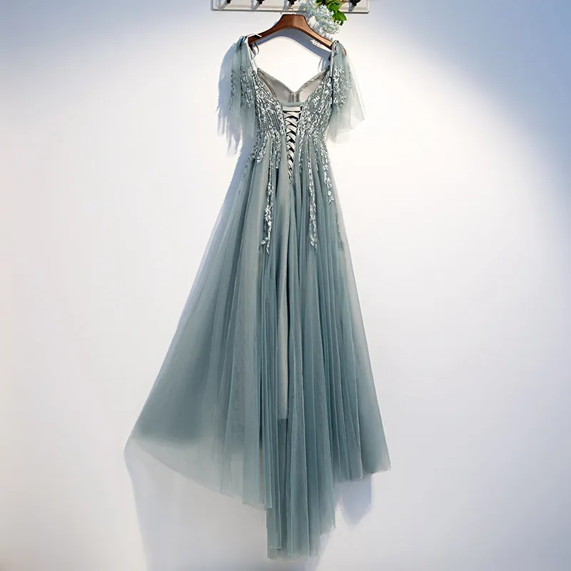 Custom Beautiful Tulle Lace Beaded Tea Length Straps A-line Prom Dress, New Style Junior Party Dresses