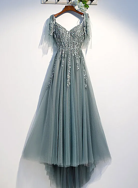 Custom Beautiful Tulle Lace Beaded Tea Length Straps A-line Prom Dress, New Style Junior Party Dresses