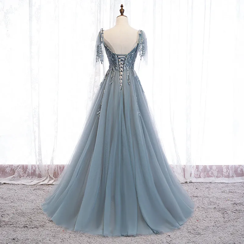 Custom Beautiful Tulle Lace Beaded Tea Length Straps A-line Prom Dress, New Style Junior Party Dresses