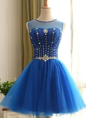 Cute Blue Beaded Knee Length Homecoming Dress, Short Prom Dress