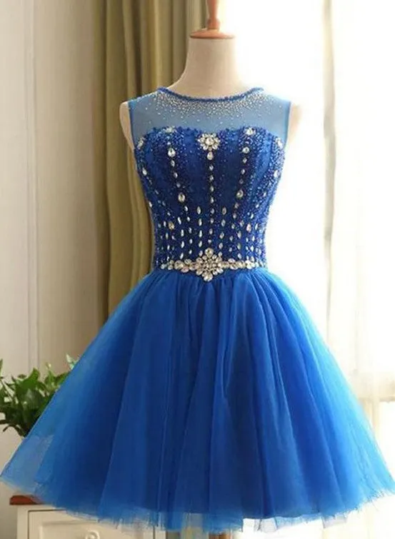 Cute Blue Beaded Knee Length Homecoming Dress, Short Prom Dress