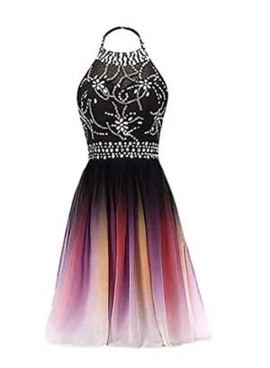 Cute Halter Beaded Knee Length Homecoming Dress, Short Prom Dress