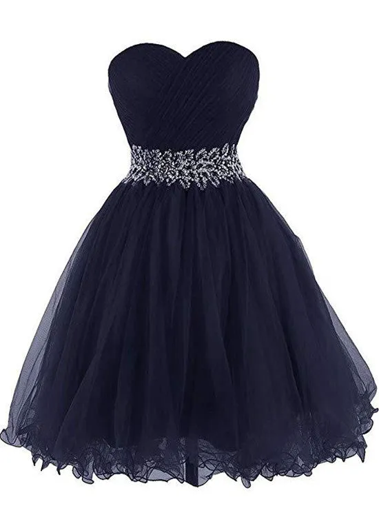 Cute Navy Blue Sweetheart Beaded Homecoming Dress, Short Prom Dress