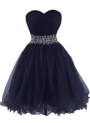 Cute Navy Blue Sweetheart Beaded Homecoming Dress, Short Prom Dress