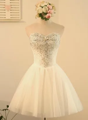 Cute White Short Beaded Tulle Homecoming Dresses, Lovely Teen Formal Dress