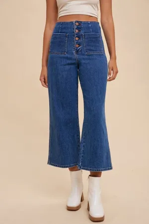 Dark Blue Button Fly High Waist Jeans