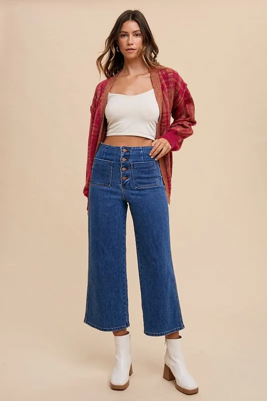 Dark Blue Button Fly High Waist Jeans